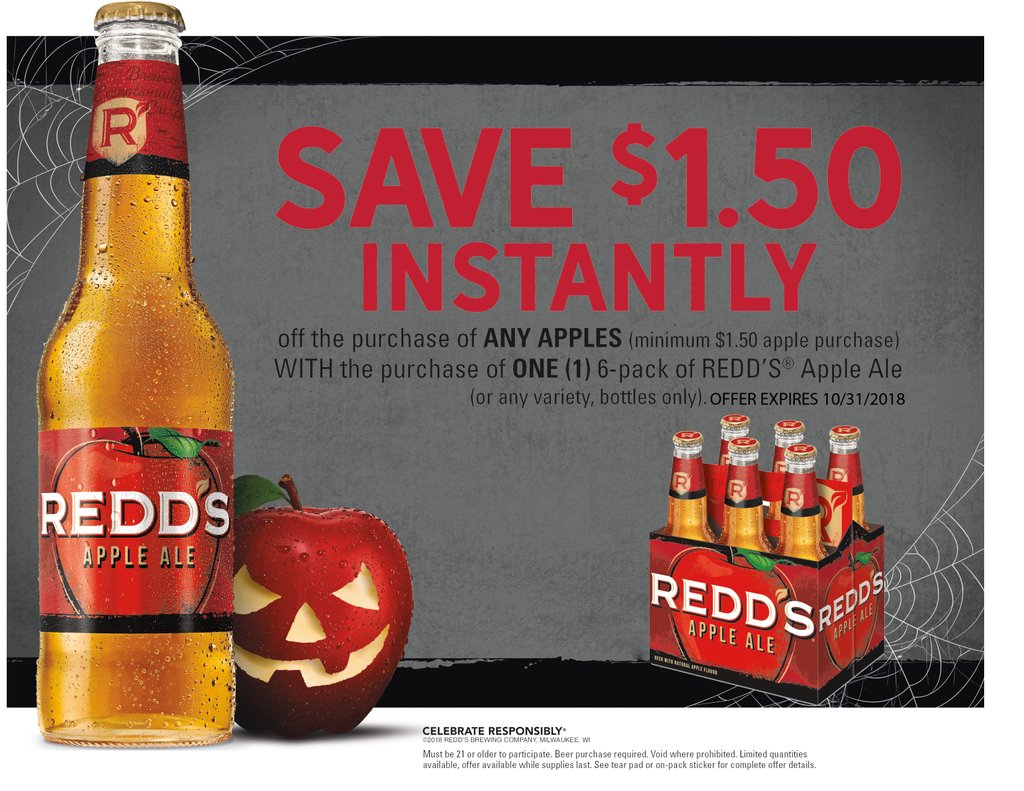 IBEVCedarRapids's tweet photo. SAVE $1.50 INSTANTLY off the purchase of ANY APPLES (minimum $1.50 apple purchase) WITH the purchase of ONE (1) 6-pack of REDD'S Apple Ale (or any variety, bottles only) offer expires 10/31/18 at participating locations. https://t.co/DR6yeeHRW6