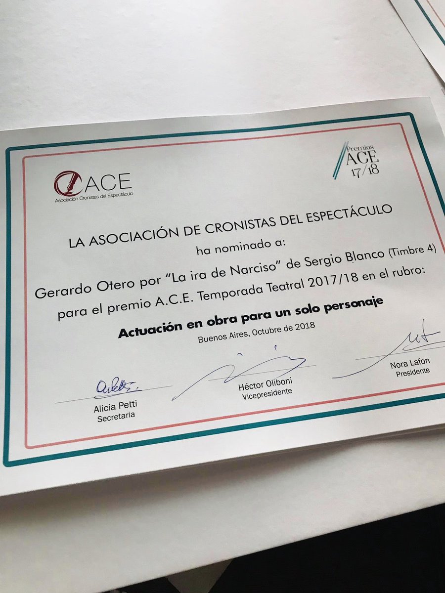geraotero's tweet photo. Hoy es la entrega de los premios ACE! Gracias @premiosace por la nominación! #lairadenarciso @corinafiorillo #sergioblanco @TeatroTimbre4 https://t.co/EAdmoPUfkw