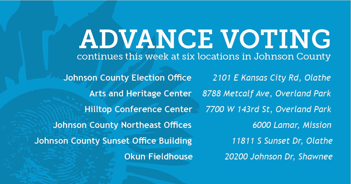 jocoelection's tweet photo. Advance voting for the November general election continues this week at six locations in Johnson County!

All six locations will be open until 7:00 tonight.

Locations and hours for the rest of the week are available on our website: https://t.co/9Yjv8LKoKi https://t.co/9bhy1KJXHu