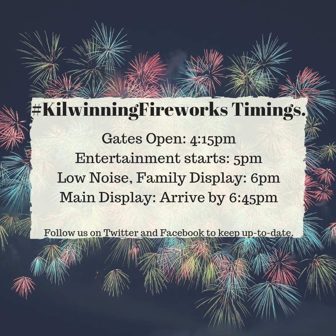 A reminder of the timings for #KilwinningFireworks !

Sunday 4th in McGavin Park!