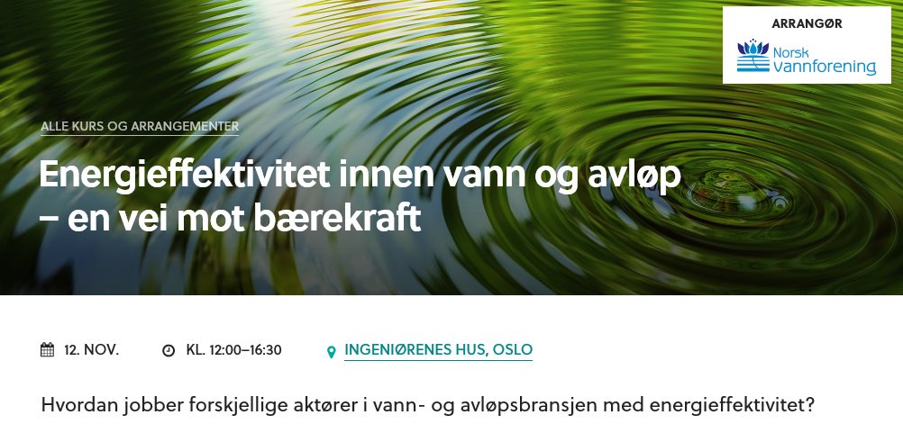 Fagtreff 12. nov. kl. 12–16.30 @Ingeniørenes Hus, Oslo: Energieffektivitet innen vann og avløp – en vei mot bærekraft 
tekna.no/kurs/energieff… For de som bor langt fra Oslo er det mulig å følge med via strømmingstjeneste