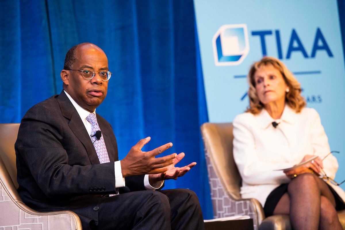 AASCU's tweet photo. Thank you to Roger Ferguson, president and CEO of @TIAA, for a phenomenal discussion on the forces that are reshaping the #highered landscape. #aascuAM https://t.co/MKV3z9GAzH