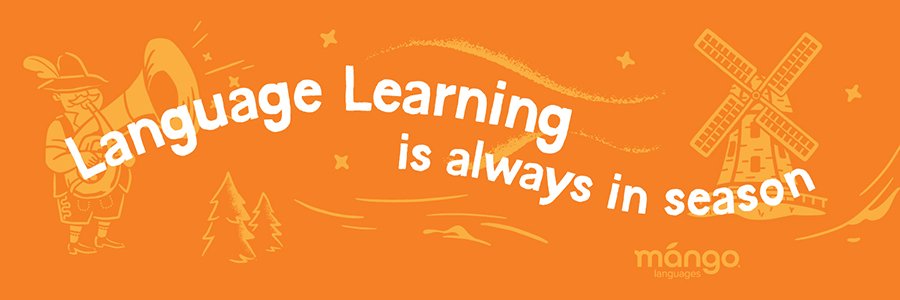 a graphic illustration for the Mango languages app with a man playing a tuba and windmills 