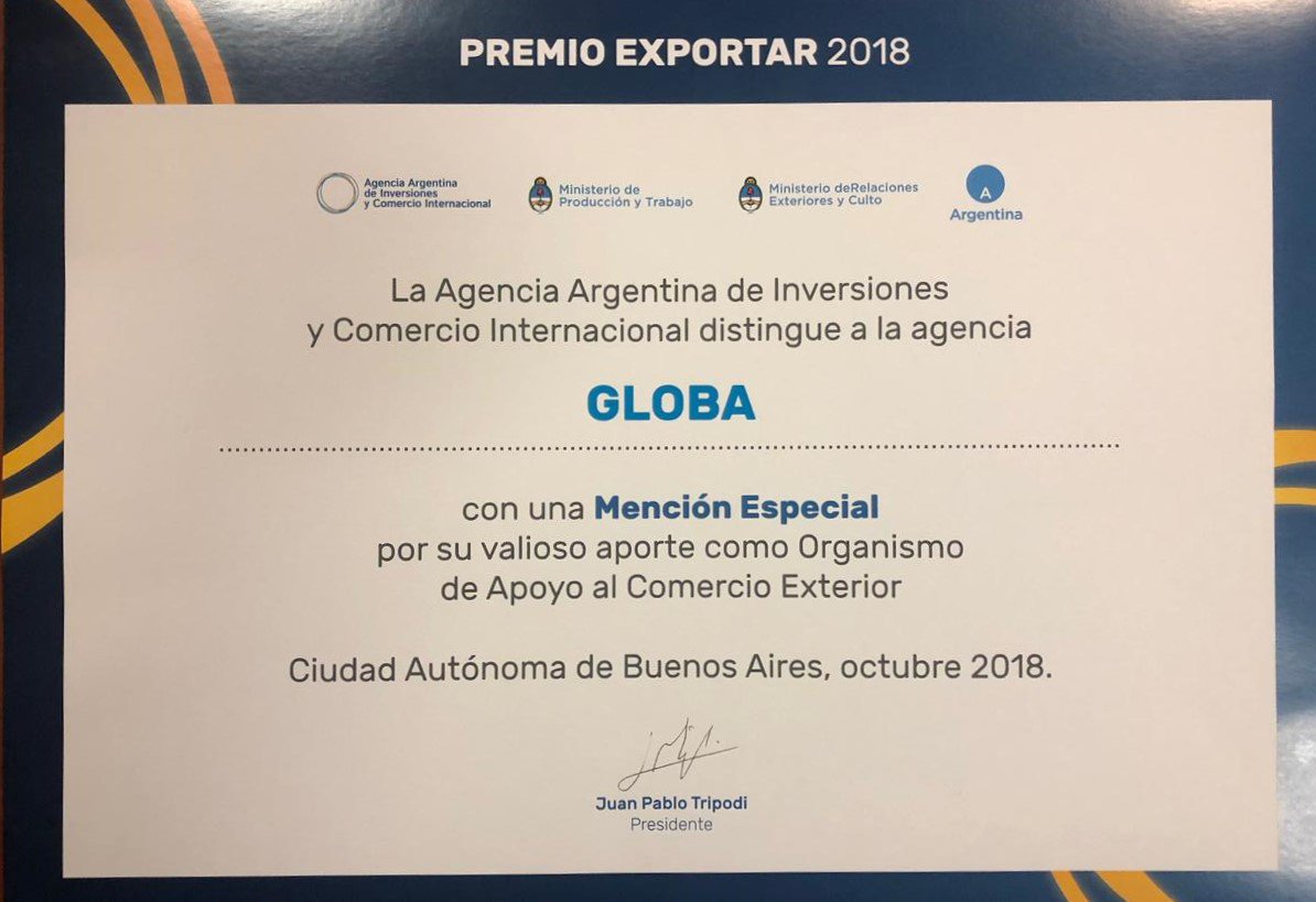 GLOBA_PBA's tweet photo. Queremos compartir la mención especial que recibió GLOBA en los #PremiosExportar 2018, por su valioso aporte como Organismo de Apoyo al Comercio Exterior.
#GLOBA @InvestTradeARG @fabianpdk @licgonlop https://t.co/HzQIfdHUdE