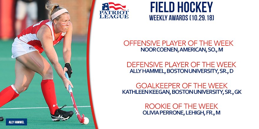 PatriotLeague's tweet photo. #PLfh🏑 Players of the Week Announced 
Offensive: @AU_FieldHockey Noor Coenen
Defensive: @TerrierFH Ally Hammel
Goalkeeper: @TerrierFH Kathleen Keegan
Rookie: @LehighFH Olivia Perrone

Read More: https://t.co/UrwxfxDOVC
@NFHCA https://t.co/oquLACxhsV