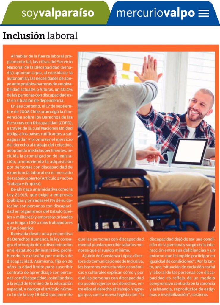 avanzainclusion's tweet photo. Hoy salimos en el especial de Inclusión Laboral del @ElMercurio_cl, abordando los desafíos en educación y nuestra mirada sobre la Ley 21.015 🙌🏽✨⭐️Publicaron mal el nombre de la institución de nuestra Directora de Comunicaciones: no es de @inclusivacom🙈 https://t.co/3rrc3zZED5