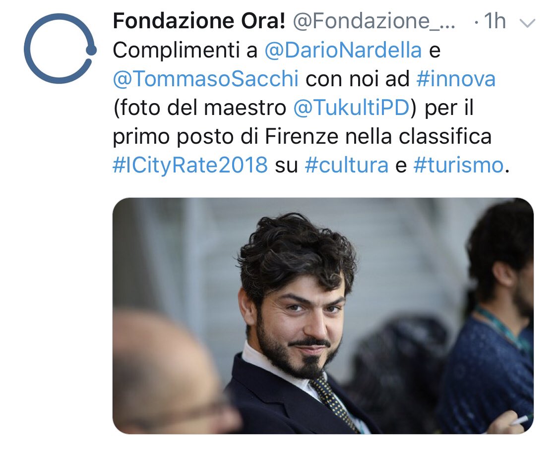 TommasoSacchi's tweet photo. Onorato di lavorare per questa città unica e straordinaria e onorato di dare il mio contributo al Sindaco @DarioNardella nelle politiche per la cultura @comunefi #avanti ! #icityrate2018 https://t.co/hfQ6lKrPvv