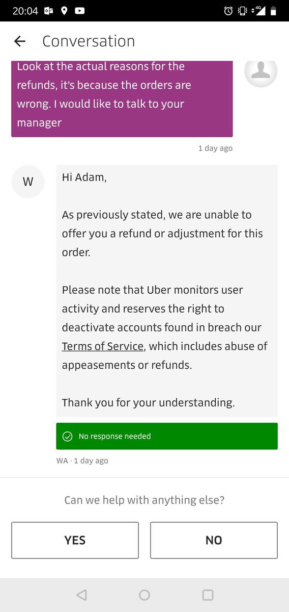 Nazeradom's tweet photo. @UberEats If my order arrives wrong, according to your customer support team I am supposed to shut up and deal with it or get my account deleted. Imagine if a restaurant treated it's customers like this... https://t.co/WJ5BtPDmlp
