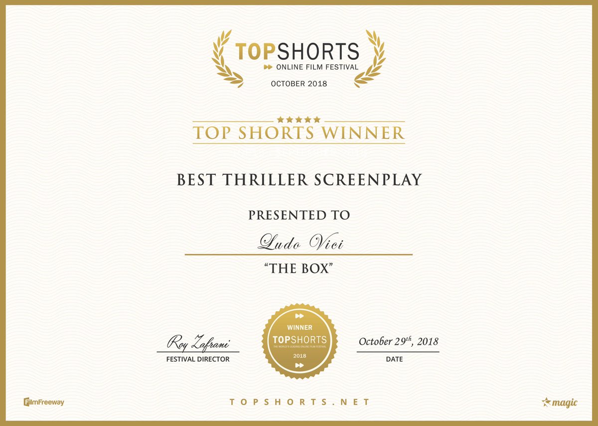 weirdtinyfilms's tweet photo. Also the screenplay of our next project THE BOX is awarded Best Thriller at the Top Shorts Festival, LA
#shortfilm #supportindiefilm https://t.co/jH5oiYzwy4