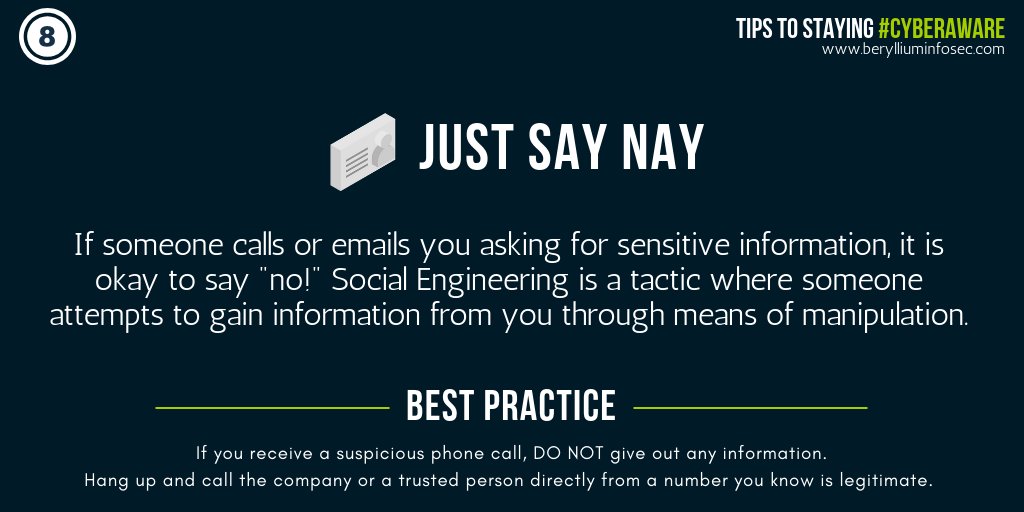 Tips to Staying #CyberAware | Tip 8 - Just Say NAY!

#InfoSec #InformationSecurity #SecurityTips #CyberDefense #Cybersecurity #CSAM #NCSAM #SocialEngineering #Scam #JustSayNay #SensitiveInformation #DataProtection #DataPrivacy