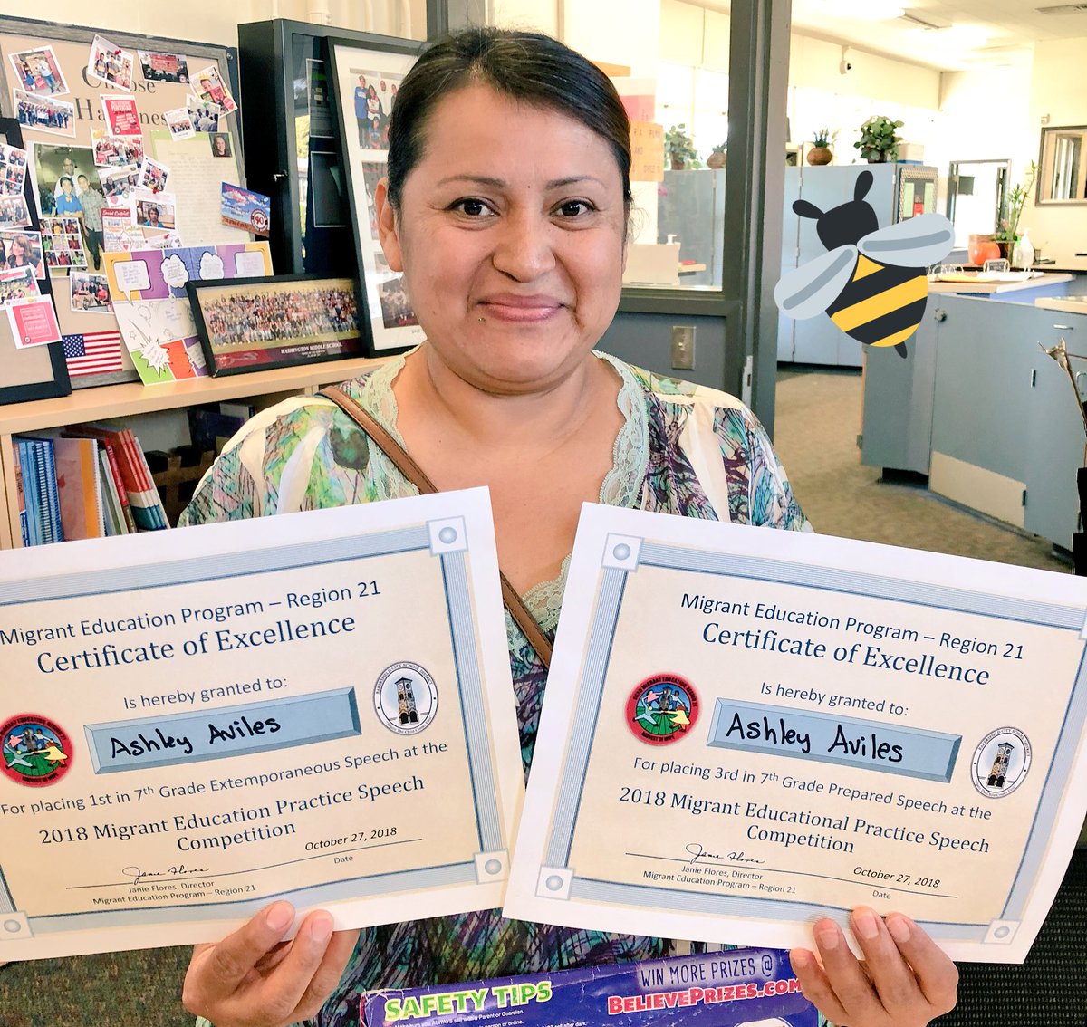 AbeRiveraEdu's tweet photo. This is Mrs. Rosalba, a proud parent showing off her daughter’s success at #MEP21’s Speech &amp; Debate competition. We’re proud of Ashely as well! #BeMighty🐝 #TeamBCSD https://t.co/Dohg5S4iHi