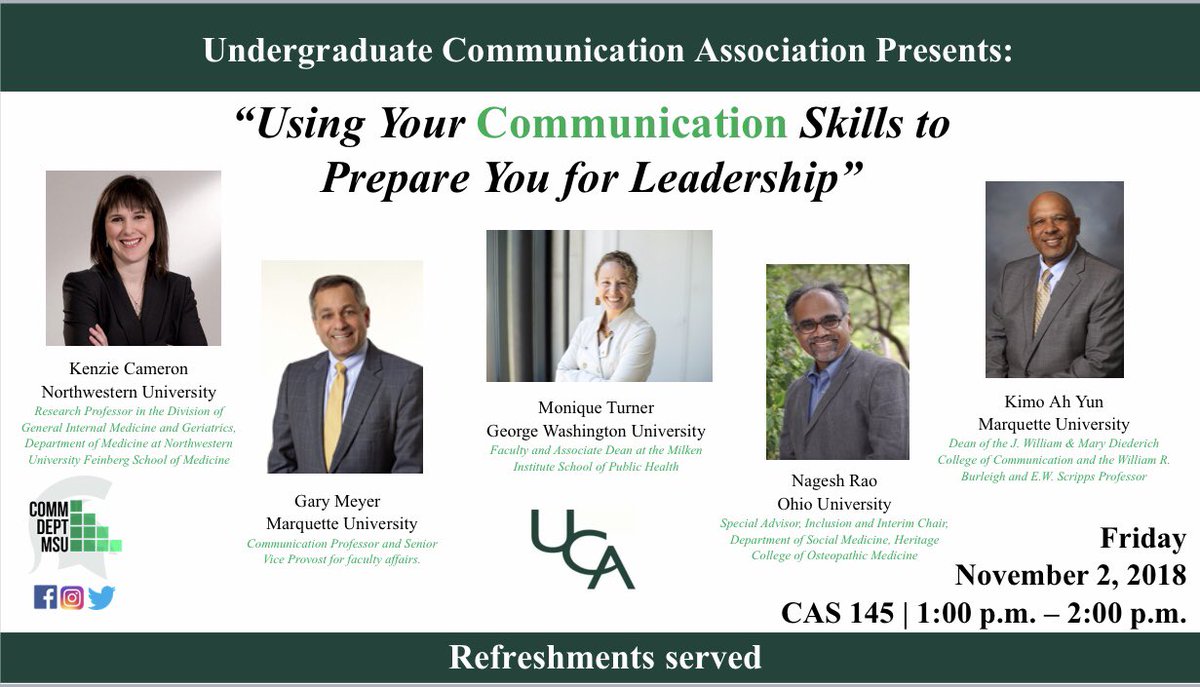 MSU_UCA's tweet photo. This Friday, Nov 2nd at 1 pm in CAS 145 the Comm department will welcome 5️⃣ of our alums to discuss “Using Your Communication Skills to Prepare you for Leadership”! #UCA https://t.co/gYMfV7IWTn