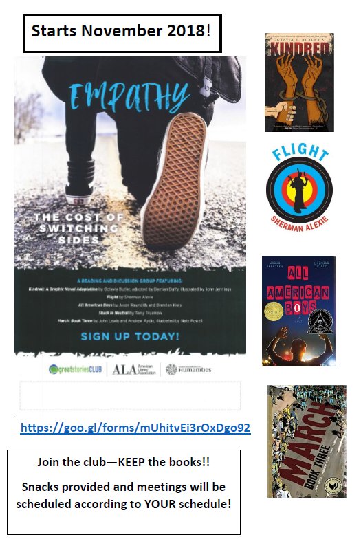 A few spots are left for our "Cost of Switching Sides" Book club with teen librarian Jesse O'Dunne from the Evergreen  Branch of EPL--join the club, keep the books! Hosted at CHS and snacks are provided! goo.gl/forms/mUhitvEi…