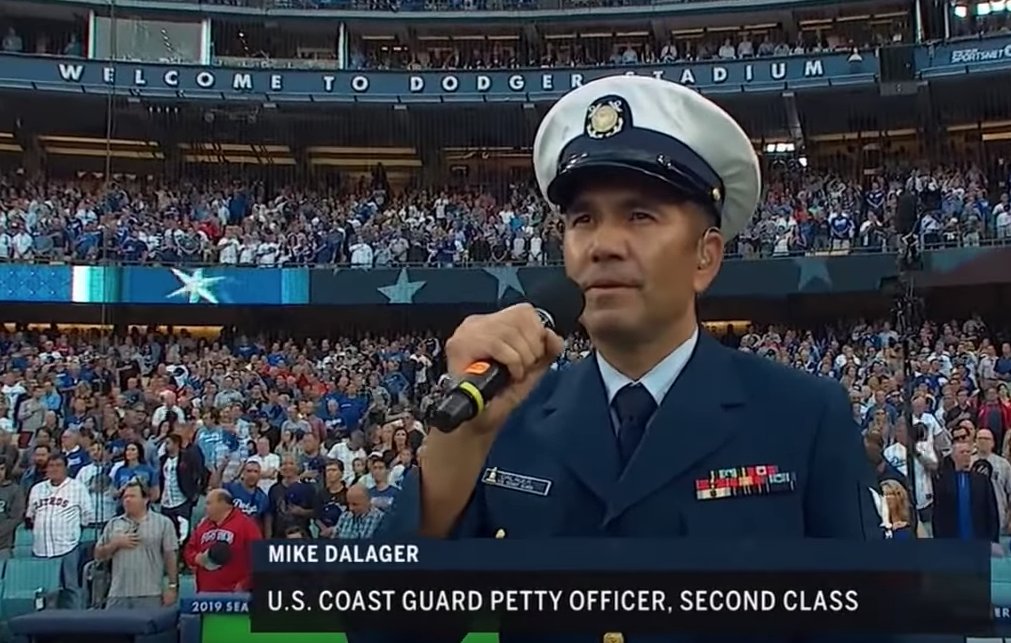Petty Officer 2nd Class Mike Dalager, a <a href="/USCGReserve/">USCG Reserve</a> member from Sector San Diego Aids to Navigation Team, represented the #USCG singing the National Anthem at last night's 2018 #WorldSeries, Game 5! ⚾️ Watch it here: goo.gl/s5ASYL