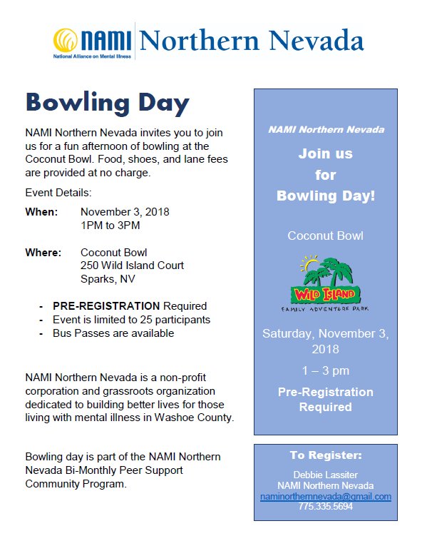 Living w/ #mentalillness in <a href="/washoecounty/">Washoe County</a> ? <a href="/NAMINorthernNV/">NAMI Northern Nevada</a> is holding a fun and FREE community support day on Nov. 3. Join NAMI for bowling with peer supporters at Wild Island Coconut Bowl. Pre-registration required, bus passes available.