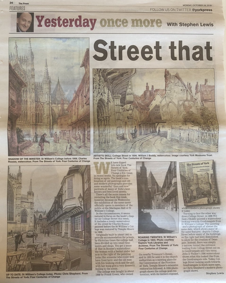 Streets_of_York's tweet photo. With our exhibition at St William’s College on College Street opening on Wednesday, @yorkpress saw it rather fitting to feature a mix of historic and modern images of College Street in its ‘Yesterday once more’ supplement. https://t.co/yRZ4ZQiTPK