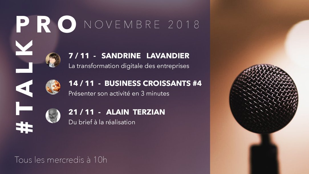 ecolemultimedia's tweet photo. [#Conférence] Découvrez notre programme #TalkPro et #BusinessCroissants du mois de novembre ! En live sur notre site. https://t.co/Y52jpM4BME