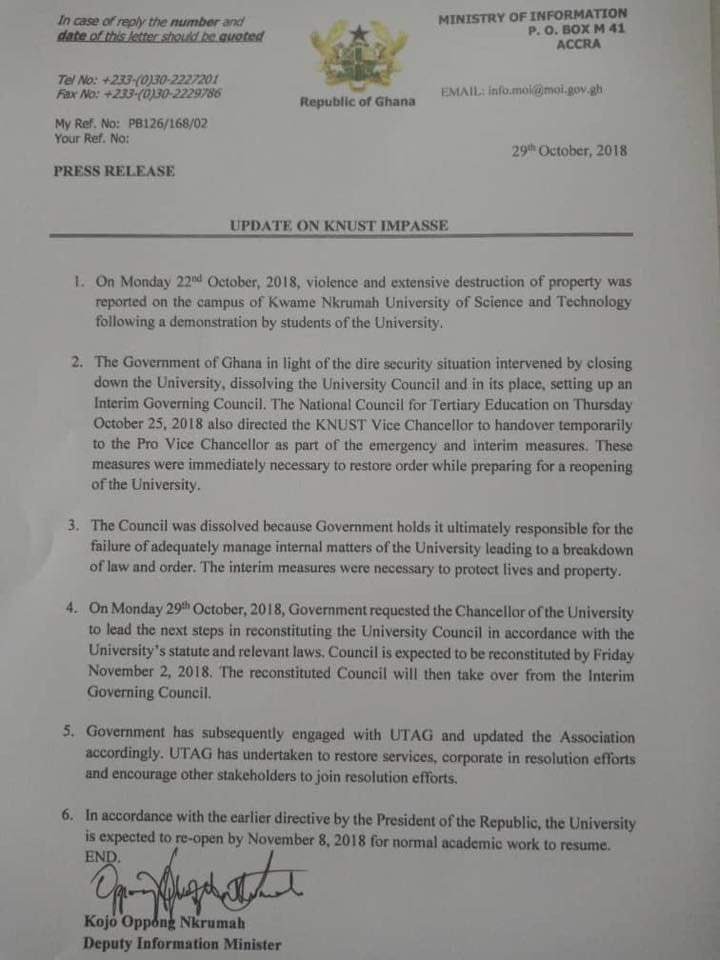 abusua965fm's tweet photo. PRESS RELEASE:
Update on the KNUST Impasse, University to re-open on 8th November.

#UltimateUpdate https://t.co/i7SiVZb5ip