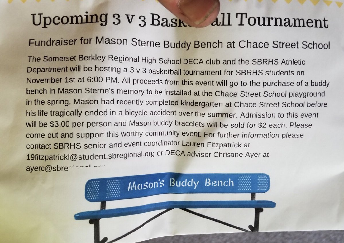 bjvoss5k's tweet photo. Buddy Bench for Mason Sterne😓 11/1 @6pm. SBRHS
Please Share

Send Donations to:  
SBRHS DECA, Attn: C. Ayer, 625 County St Somerset, Ma 02726  

https://t.co/DxbpfyXIyF https://t.co/my953f5US6