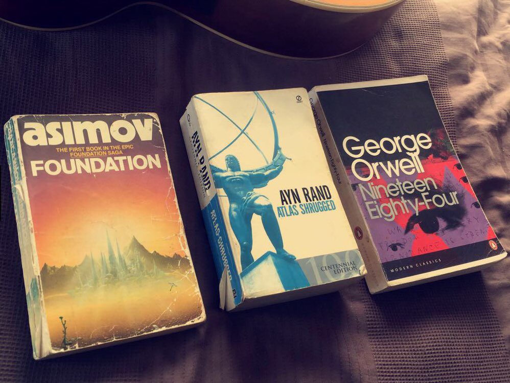 Three #novels that have greatly influenced my perspective. Love classic #scifi. Any recommendations for me? “Life imitates art.” #Read, read, read...! #asimov #aynrand #orwell 📖🐛
