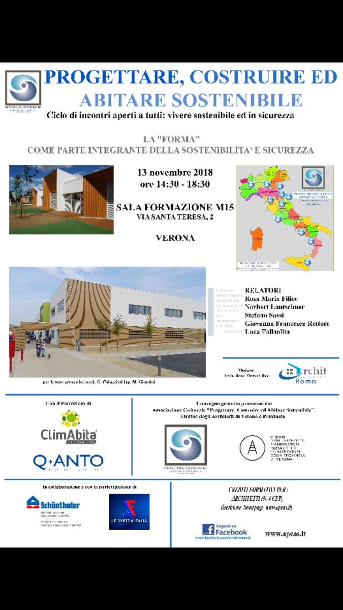pcasAssociaz's tweet photo. Verona 13 novembre 2018 ore 9:30-18:30 sala Formazione M15 - con Ordine Architetti Verona, #Qantoled @ClimAbita @NLantschner #schoenthaler @ArchitRoma 
Iscrizioni su https://t.co/3H8E3x8wdp https://t.co/y42dhBps9f