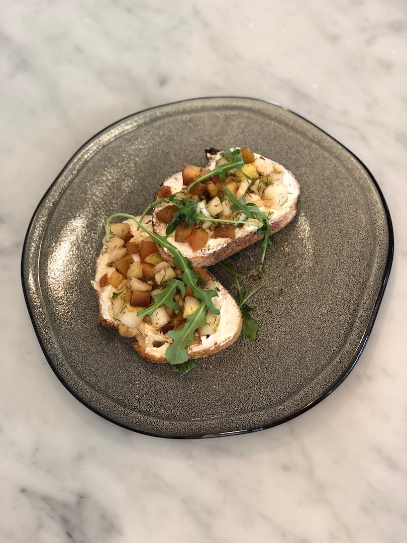 NOON Meeting: San Francisco sourdough deserves a day all dressed up.  Meet our newest creation, fromage blanc with seasonal apple and pear, fresh herbs, and a sprinkling of greens.  Drizzle it with honey, have it with eggs…this tartine can go savory or sweet.  #swoonfornoon