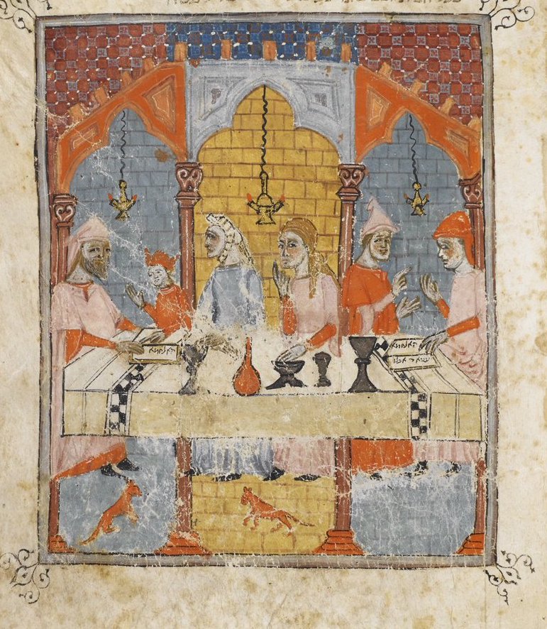 Haggadahs, Passover prayerbooks, are the best illustrated MSS of the Jewish Middle Ages. They are *very* similar to today's. Passover starts Fri, 4/19. Some famous medieval haggadot are Golden Haggadah, Sarajevo Haggadah, Birds' Head, and many more. You can explore many online!