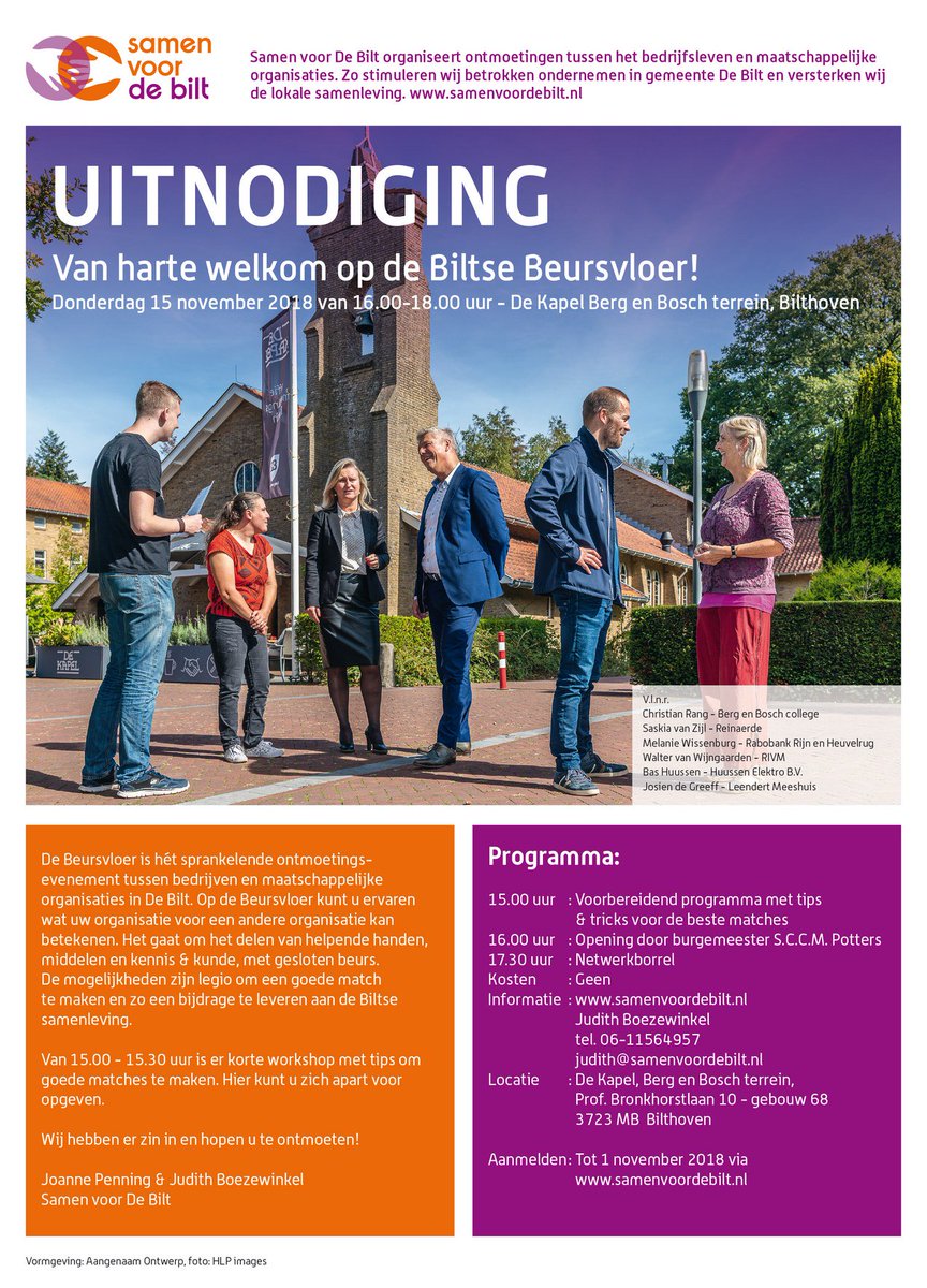 De een komt voor het eerst, een ander heeft een specifieke vraag of zelfs een mooi aanbod!
Donderdag 15 november is de 8e Beursvloer in <a href="/GemDeBilt/">Gemeente De Bilt</a>. Komt u ook? samenvoordebilt.nl/beursvloer/