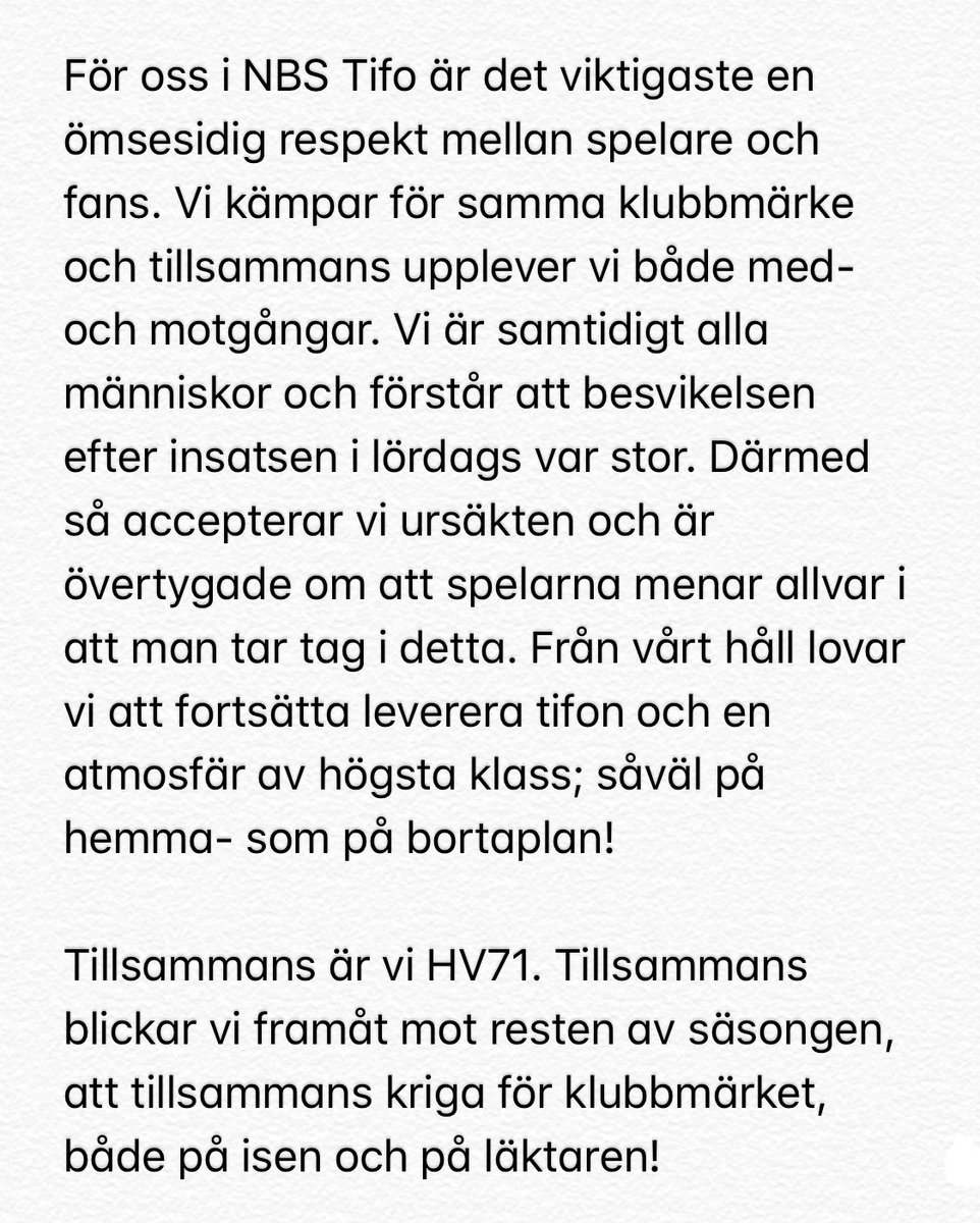 Tack för er snabba respons, <a href="/HV71/">HV71</a> . Det betyder mycket. Nu blickar vi fram emot morgondagens match mot Brynäs IF. Ses i Kinnarps! 💙