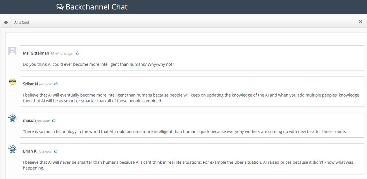 Eng8MsG's tweet photo. In English 8 @JML_MS_Official we are using #Backchannel chat for the first time to have an online discussion after reading an article about AI (Artificial Intelligence)...high levels of participation with this tool! https://t.co/0sVhiheD0y
