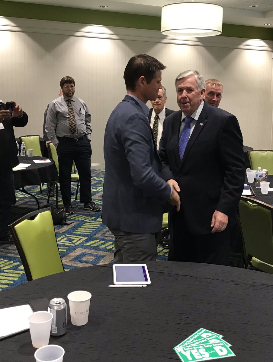 DeltaCompanies's tweet photo. Delta Companies President Zach Green greets Missouri Governor Mike Parson during recent Mercury Alliance Annual Meeting. Topic of the day: Proposition D - safer roads. safer streets. safer bridges.

#YESonD #saferMO #VoteYESonPropD #fundMOtransportation @Mercury4MO @safermocom https://t.co/kxrMzU7c9W