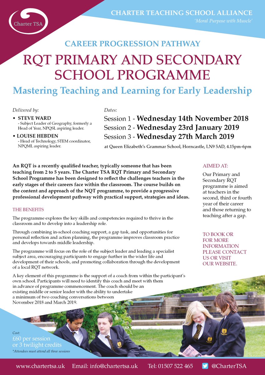 CharterTSA's tweet photo. There are places available on the RQT Primary and Secondary School Programme – Mastering Teaching and Learning for Early Leadership. To book a place please email info@chartertsa.uk https://t.co/YR2jA1OJ4y