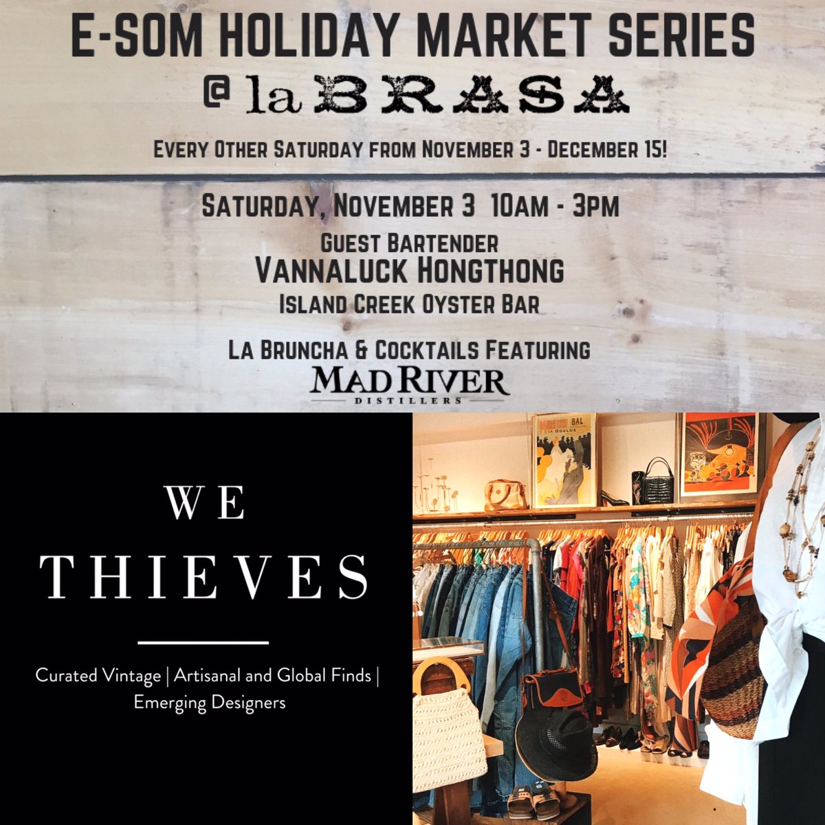 LaBrasaBoston's tweet photo. We kick off our #ESomMarket Holiday Series this Sat, 11/3! Check out our lineup of local makers + vendors and come #eatbrunchbuystuff!
https://t.co/76mYpMEZi2
#shoplocal #shopsmall #meetyourmakers #holidayshopping @bosfeed @EaterBoston @BostonChefsNews @metrobos @EastSomerville https://t.co/2Ag0SwOnKQ