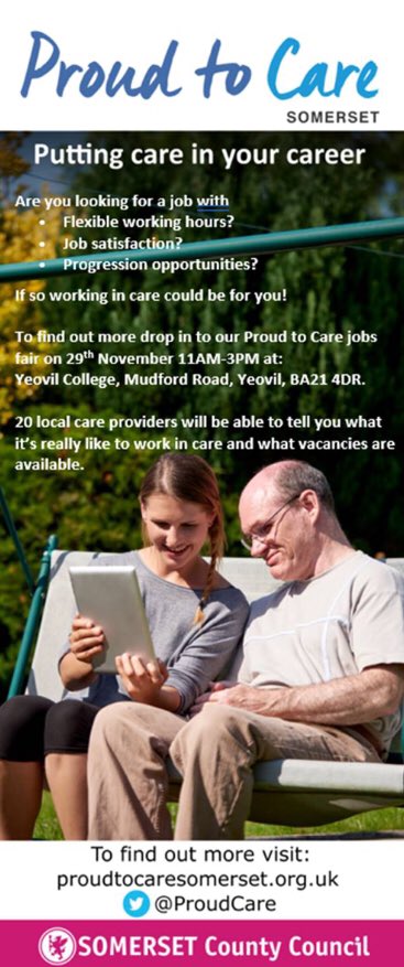 ProudCare's tweet photo. Excited to announce our next Proud to Care careers fair on 29.11.18 at Yeovil College https://t.co/Hlvzocy4U8