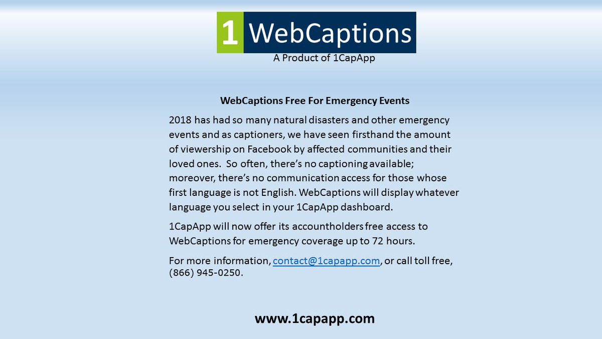 1CapApp's tweet photo. Be prepared during an emergency.  1CapApp's technology #Webcaptions delivers captions to Facebook.  #facebookcaptions #captionsforeveryone #emergencycaptions https://t.co/kLSqX6QJEB