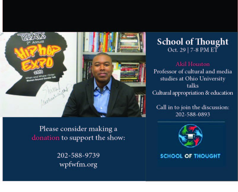 thoughtWPFW's tweet photo. Don't miss tonight's show featuring a discussion on cultural appropriation and education with @thehiphopscholr. Tune in to 89.3 FM @WPFWDC or stream on https://t.co/HQ8DOtBToe 7-8pm ET! https://t.co/XboVnMghJ0
