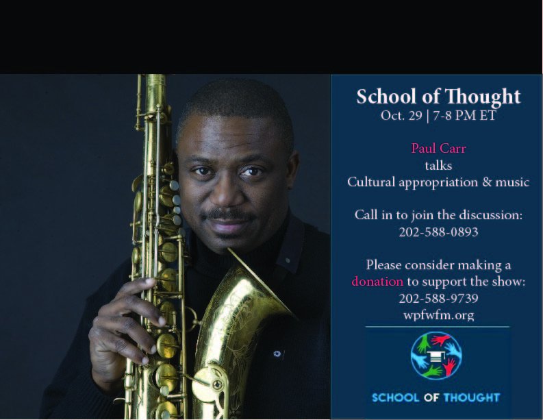 thoughtWPFW's tweet photo. Don't miss tonight's show featuring a discussion on cultural appropriation, education and music with @PaulCarrJazz. Tune in to 89.3 FM @WPFWDC or stream on https://t.co/HQ8DOtBToe 7-8pm ET! https://t.co/EkxY39uqAg