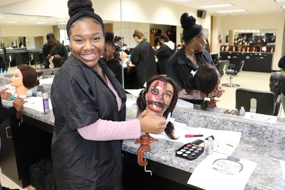 dmtcsc's tweet photo. Cosmetology I students are learning about makeup artistry this month.  Students practiced their make-up skills and decorated their manikins for a classroom contest.  #DMTC50Strong #DMTCCosmetology #MsSims https://t.co/ww9zesfgOS