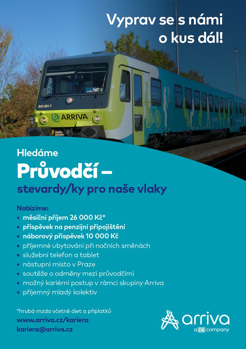 ArrivaCz's tweet photo. Nabízíme pracovní pozici průvodčí - stevard/ka. V případě zájmu se hlaste na kariera@arriva.cz #arriva #arrivacz #pruvodci #stevard #stevardka #vlak #nabor #prace #nabidkaprace #pridejteseknam https://t.co/eb4kyTvYPP