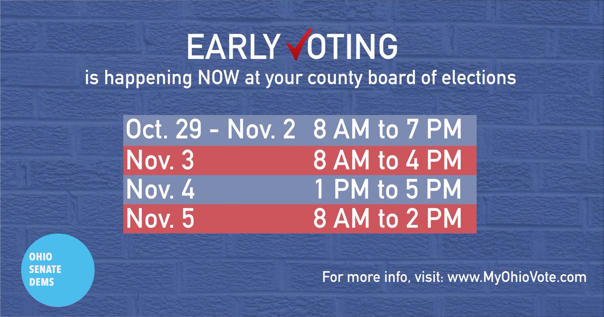 OhioSenateDems's tweet photo. November 6 is #ElectionDay, but early voting is happening NOW. Cast your ballot in person at your county board of elections during the hours below. #vote https://t.co/Wh4aAB3gwg