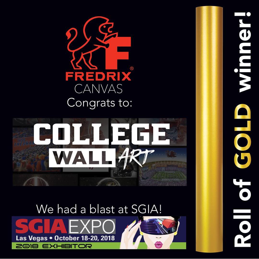 FredrixPrint's tweet photo. @CollegeWallArt is our winner from SGIA! Still time to enter our $4k anniversary giveaway which ends Nov.1 - See link in bio. We are excited to see what they will create with our USA-made metallic canvas. #Fredrixprintcanvas #collegewallart #canvas #canvasprints #USAmade #SGIA https://t.co/Fs1bngiRRw