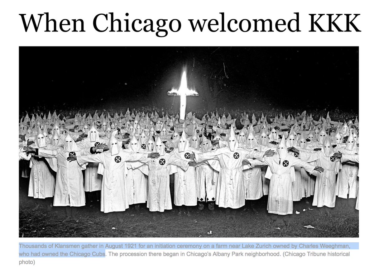 Here's an article about the rally from the  @chicagotribune. You can see the photo properly credited here.The rally in the picture took place at the suburban farm of Charles Weeghman, who previously owned the Cubs and built Wrigley Field.  https://www.chicagotribune.com/news/ct-kkk-chicago-flashback-0125-20150123-story.html