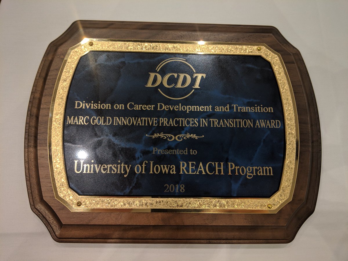 UIREACHProgram's tweet photo. Some of our UI REACH staff got the opportunity to attend the Divison on Career Development and Transition National Conference last week in Cedar Rapids, Iowa. At the Conference, UI REACH was awarded the Marc Gold Innovative Practices in Transition Award!
#dcdt2018 https://t.co/HKCGluGAc2