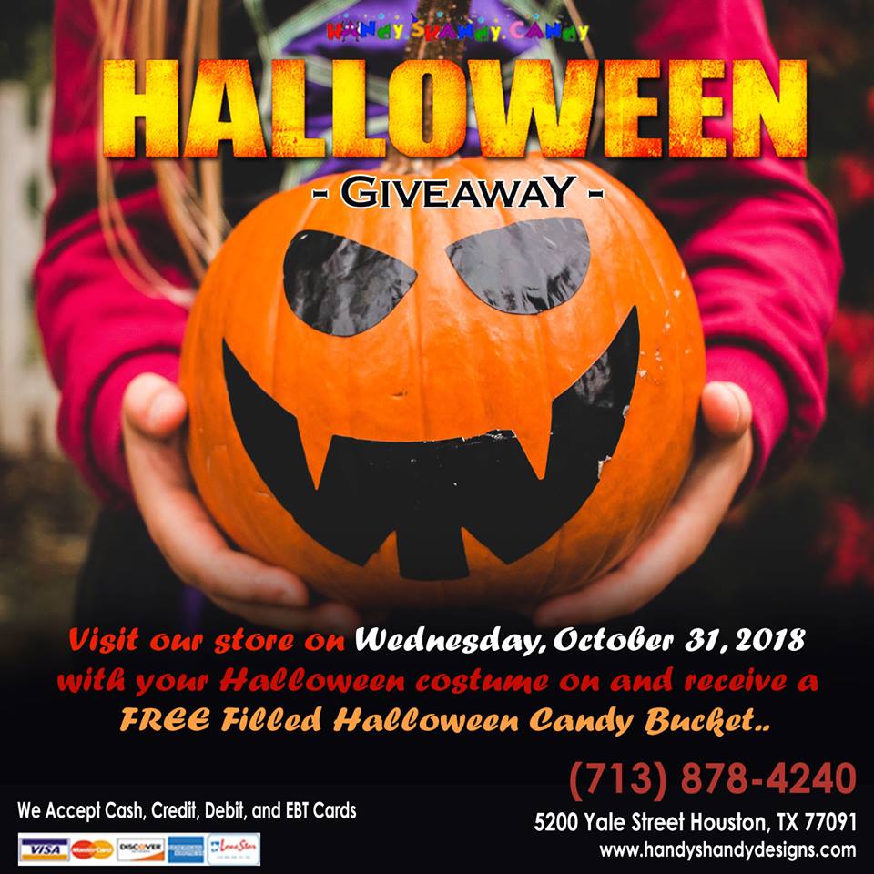 HandyShandyC's tweet photo. HALLOWEEN GIVEAWAY!!! Visit our store on Wednesday, October 31,2018 with your Halloween Costume on and receive a #FREE Filled Halloween Candy Bucket!! Call us at (713) 878-4240 or Email us at handyshandydesigns@gmail.com for details! 🍫🍫🍦🍦 https://t.co/sTbNU10uew