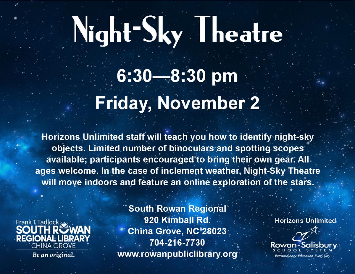 RPL_Youth's tweet photo. Friday, November 2nd in China Grove! @RSSHorizons will present a Night-Sky Theatre at South Rowan Regional Library at 6:30pm https://t.co/qUEJE9gOZZ https://t.co/0TBVwyOMt9