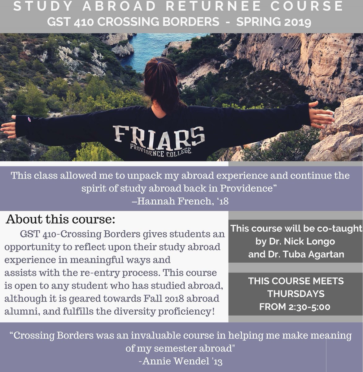 Looking for a class to take next semester that incorporates your study abroad experience? Take a look at the GST 410- Crossing Borders Class!