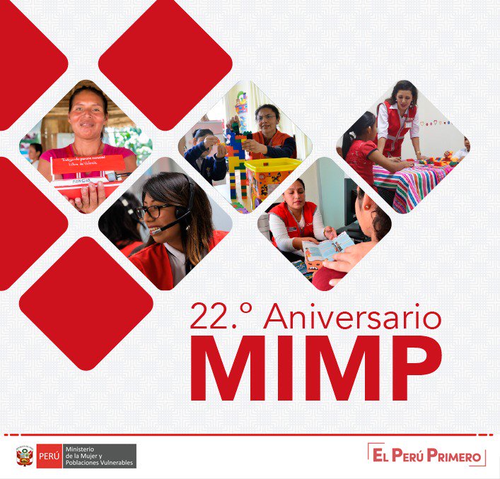 MimpPeru's tweet photo. En nuestro aniversario reafirmamos nuestro compromiso de trabajo a favor de las mujeres y poblaciones vulnerables. Además agradecemos a quienes nos han acompañado en esta ardua labor para ser un Perú con igualdad de oportunidades y con inclusión. #SomosMIMP https://t.co/pQtmFbAHpZ