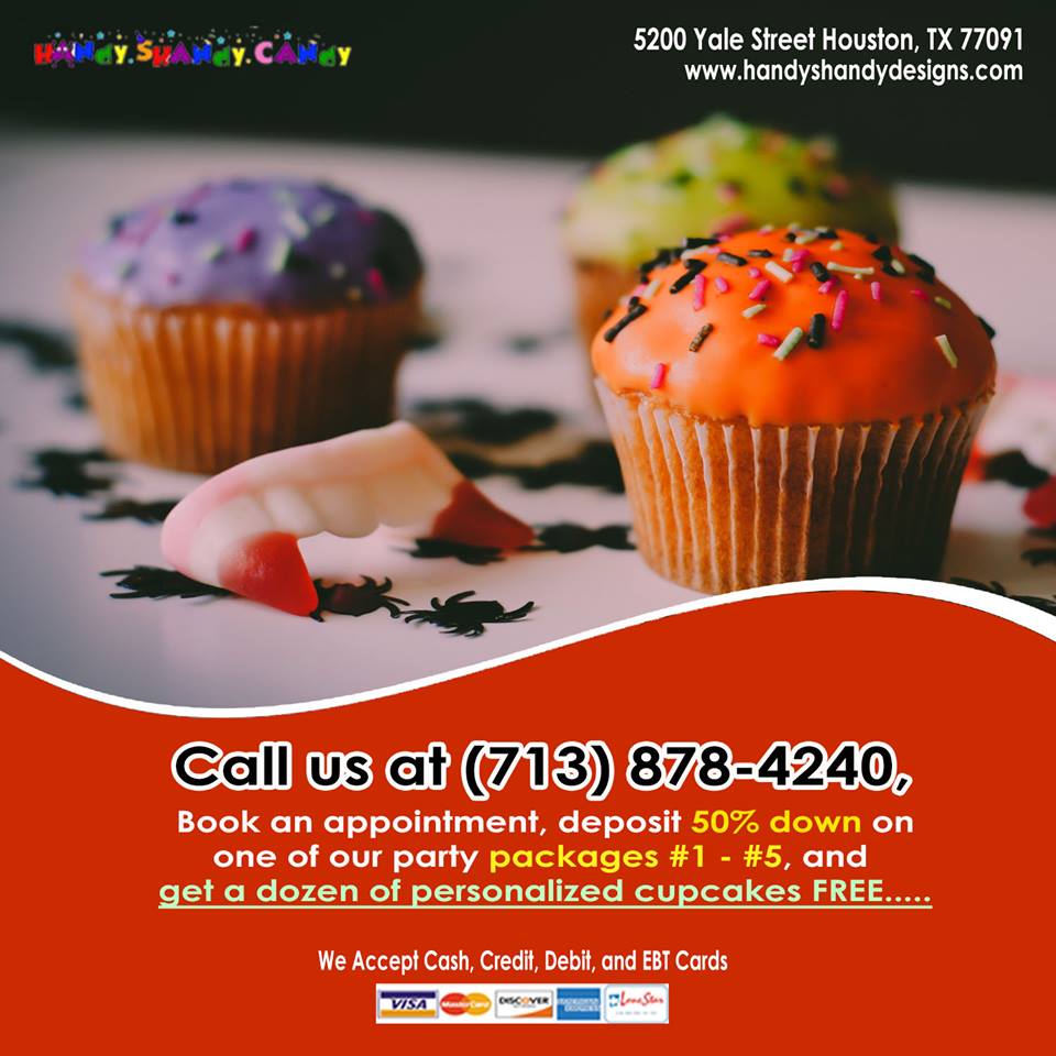 HandyShandyC's tweet photo. Call us at (713) 878-4240, book an appointment, deposit 50% down on one of our party packages #1 - #5, and get a dozen of personalized cupcakes FREE..... 🍭🍭🍬🍬🍿🍿🍫🍫🍦🍦#Handyshandycandy #sweet #candy #bubbly #fruity #sweettreat #happybeingkids #kidslove #candies https://t.co/M4tt1G3cMP