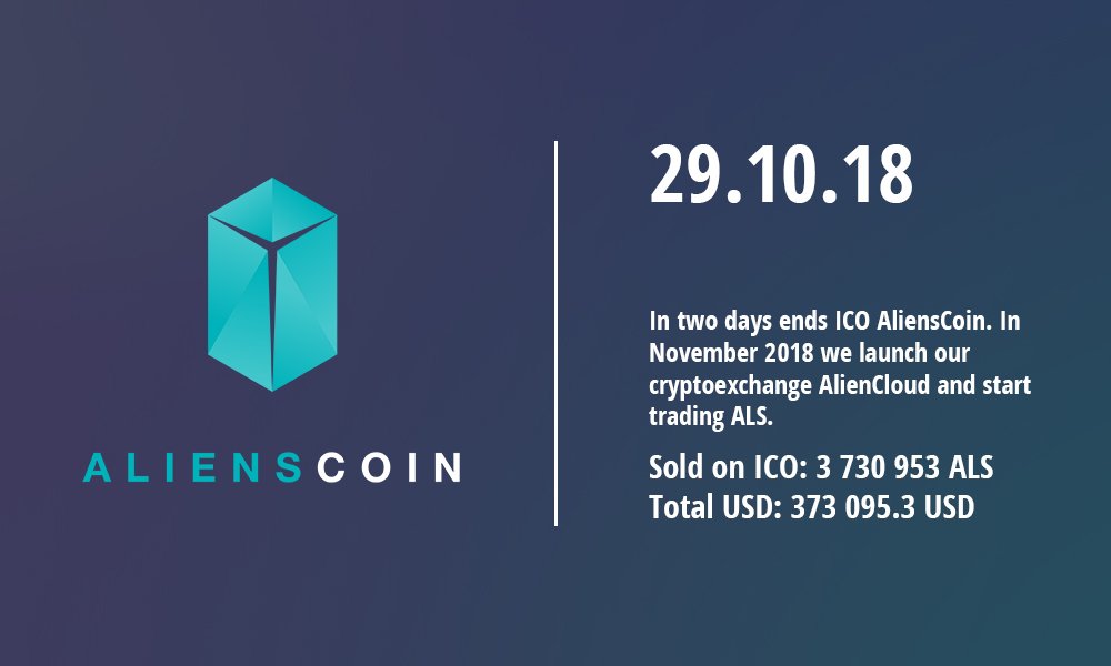 AlienCloudxyz's tweet photo. In 2 days ends ICO AliensCoin. In November 2018 we launch our cryptoexchange and start trading ALS. 

#ICO #aliencloud #blockchain #bitcoin https://t.co/7T2am9ap1A