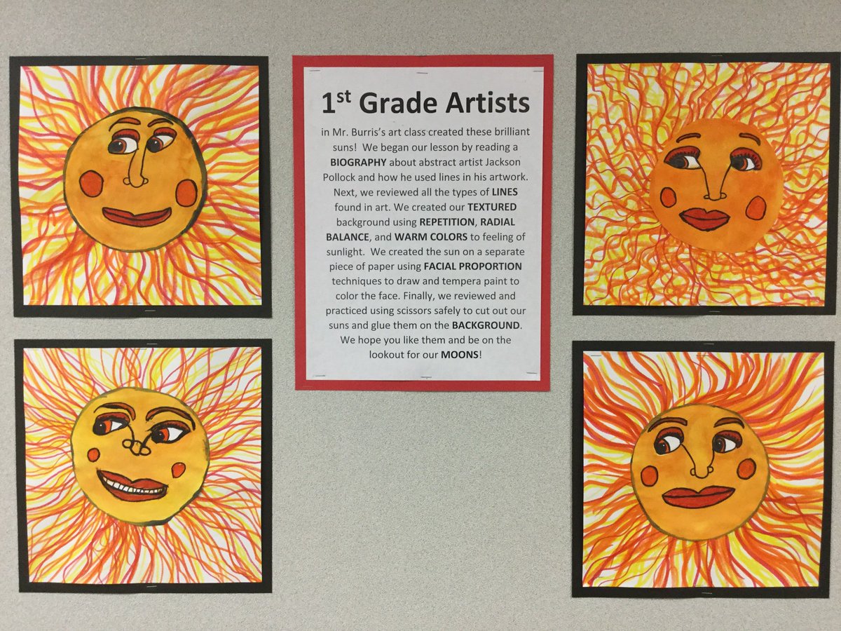 RREartBurris's tweet photo. First graders in Mr. Burris’ art classes designed these BRILLIANT suns!  Be on the lookout for some STUNNING moons soon! #RREpride https://t.co/sVkzo8ZXjv
